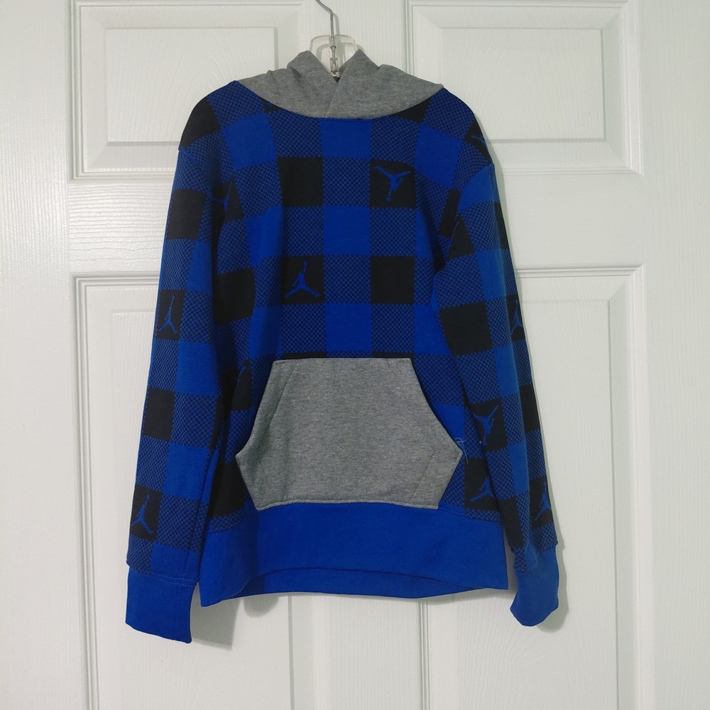 Jordan Boys Blue Black Buffalo Plaid Jumpman Logo Hoodie Size S 8-10 Years